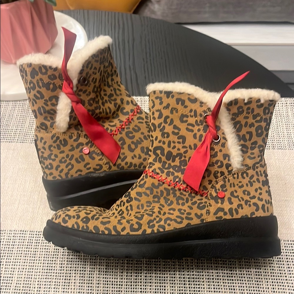 UGG Leopard Print Short Boots with Red Accents